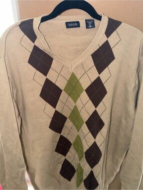 Izod Beige V-Neck Sweater with Brown and Green Argyle